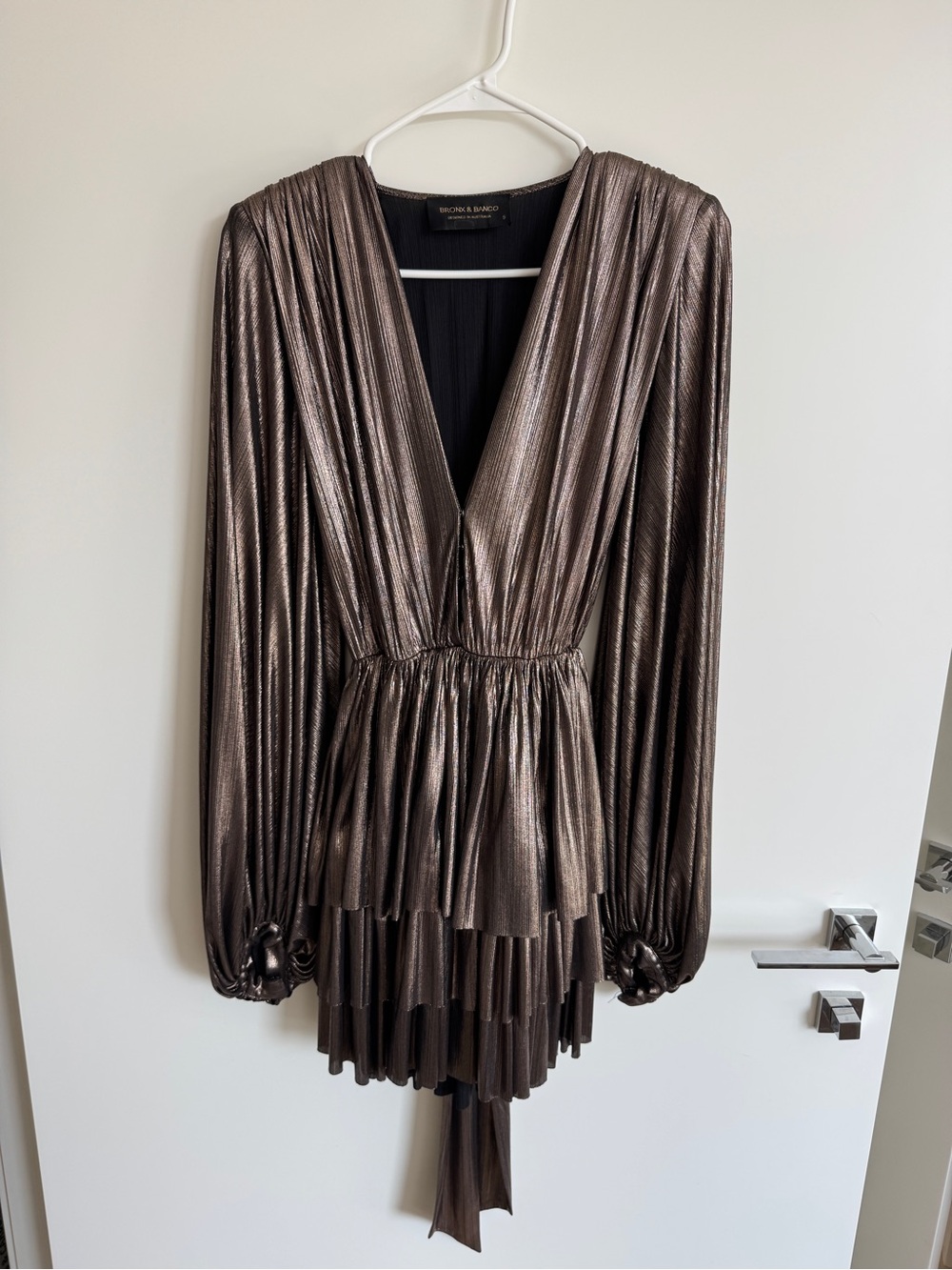 Bronx and Banco Metallic Bronze Long-Sleeve Pleated Mini Dress